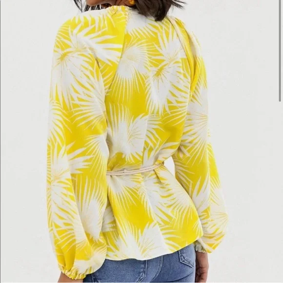 ASOS Yellow Palm Print Plunge Kimono Top V Neck Wrap Puffy Sleeve Blouse Size 2 - Picture 2 of 11